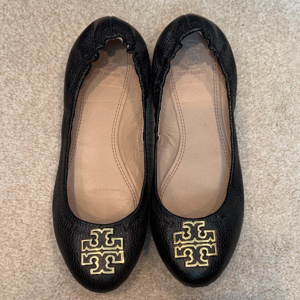 Tory Burch Black Leather Flats with Gold Logo